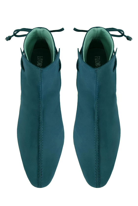 Peacock blue women's ankle boots with laces at the back. Round toe. Low block heels. Top view - Florence KOOIJMAN